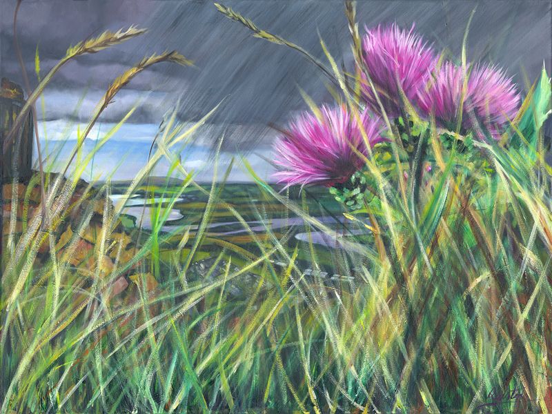 A painting of vibrant pink flowers and green grasses in the foreground with a gloomy sky and hint of a water body in the background. by Greer Ralston